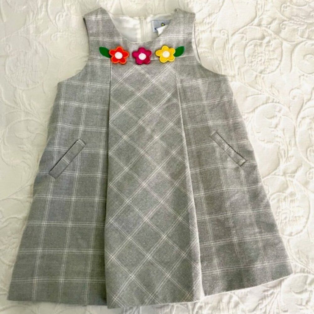 Florence Eiseman Gray Plaid Dress with Colorful Flower Appliqués